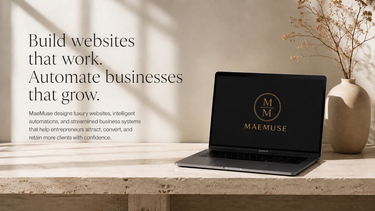 Mae Muse hero showing a laptop with the Mae Muse mark beside editorial copy and natural studio styling.