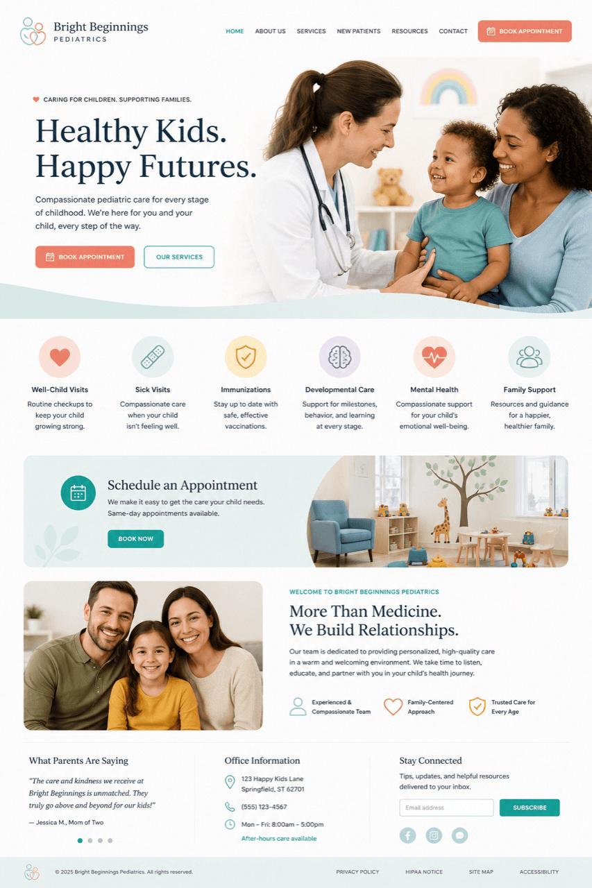 Bright Beginnings Pediatrics website design by Mae Muse