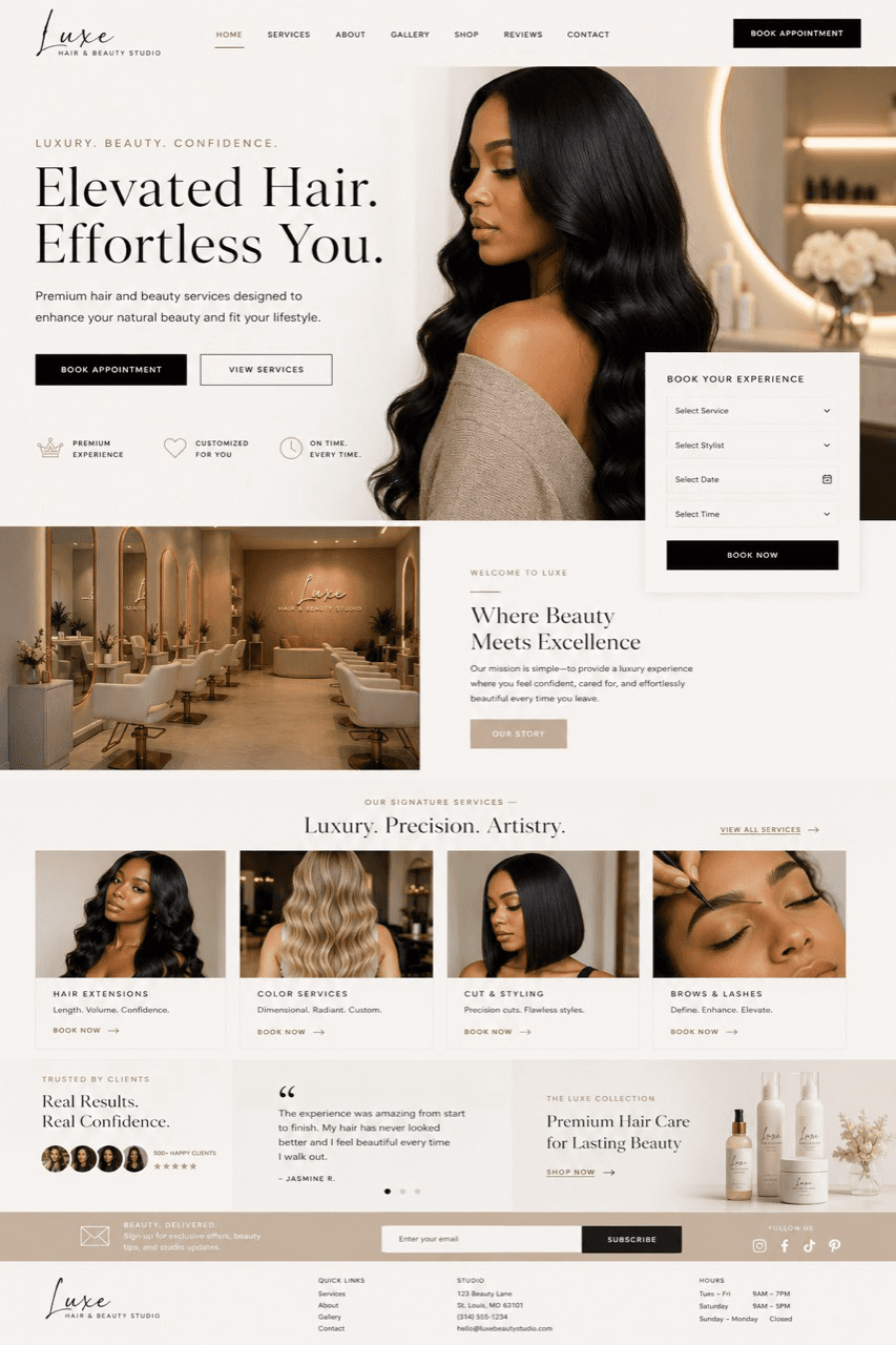 Luxe Hair and Beauty Studio website design by Mae Muse