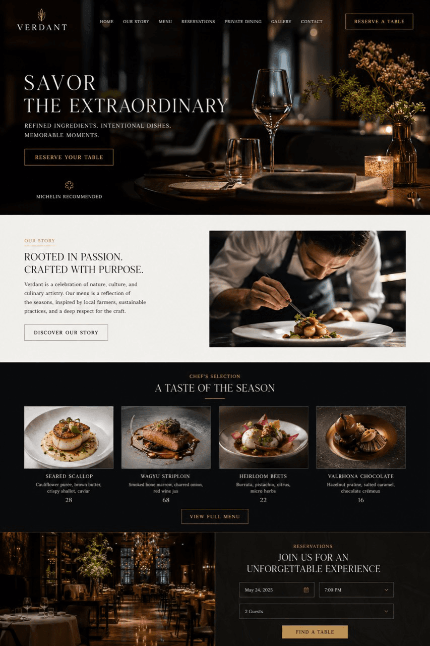 Verdant fine dining restaurant website design by Mae Muse